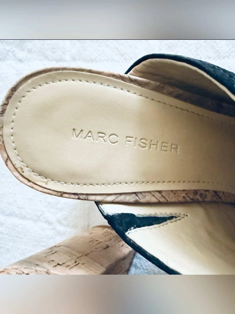 Marc Fisher Prenna Black Suede Open Toe Cork High Heel Slip-On Mule Sandals 9M